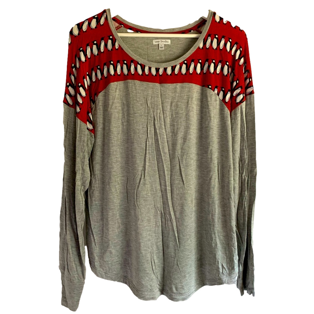 Vera Bradley Penguin Print Long Sleeve Top Gray Red Size Large